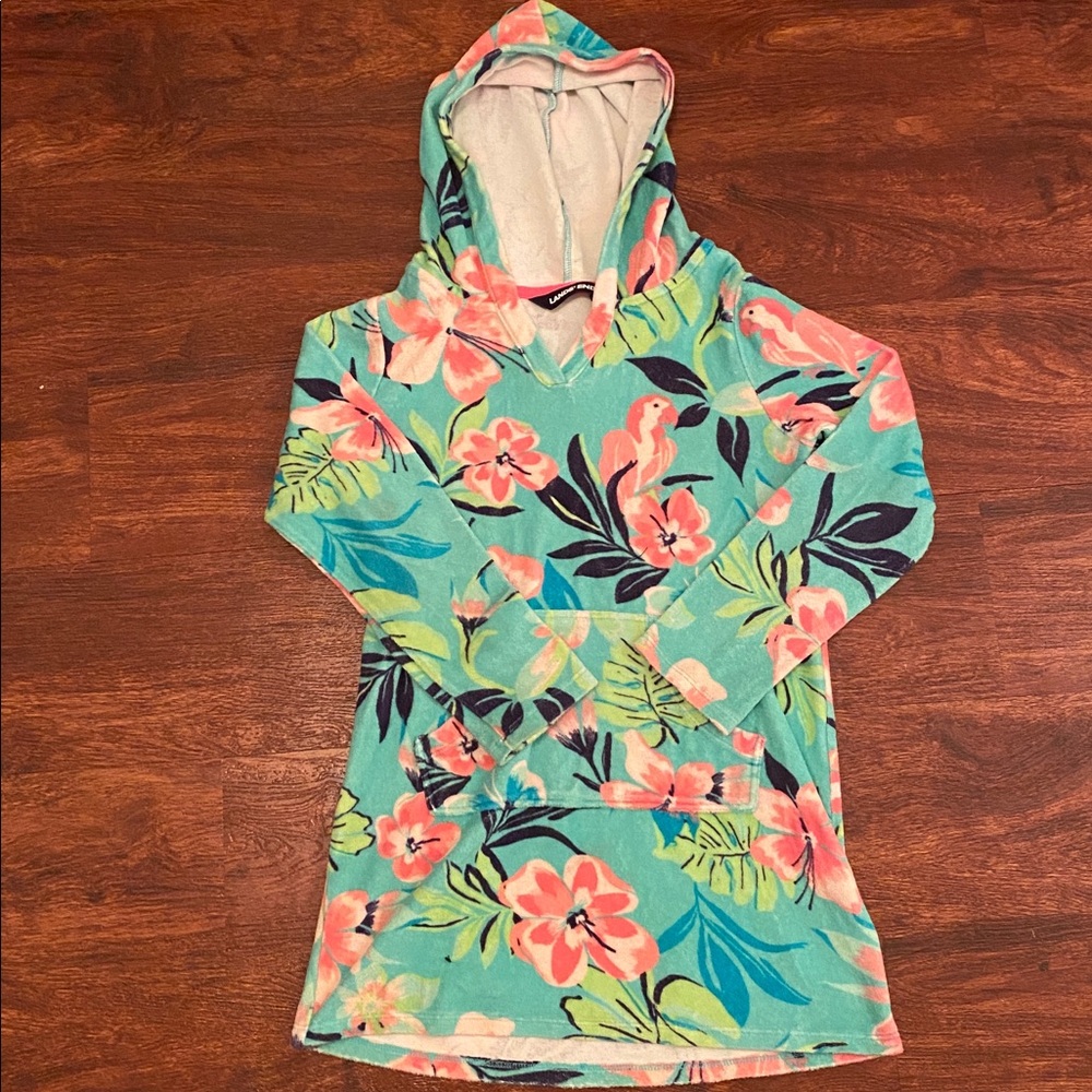 Lands End Hooded Tropical Terry Swimsuit Cover-Up Dress Size 7-8